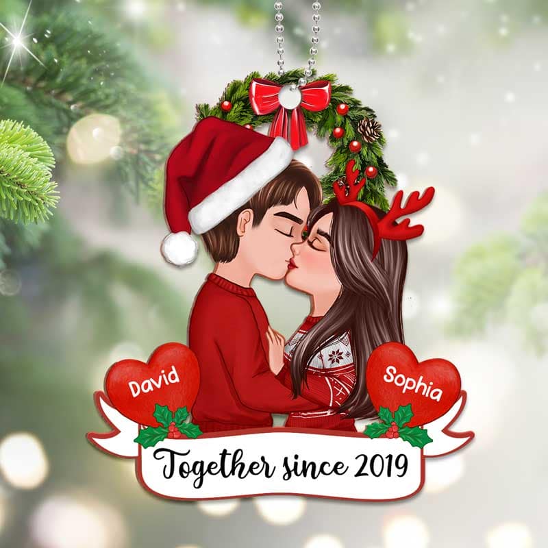 Doll Couple Kissing Christmas Personalized Wooden Ornament