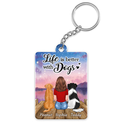 Life Is Better With Dogs Woman & Dogs Sitting On Bridge Personalized Acrylic Keychain
