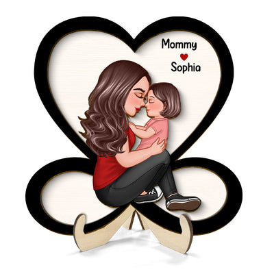 Grandma Mom Holding Kid Sitting On Heart Infinity Personalized 2-layer Wooden Plaque