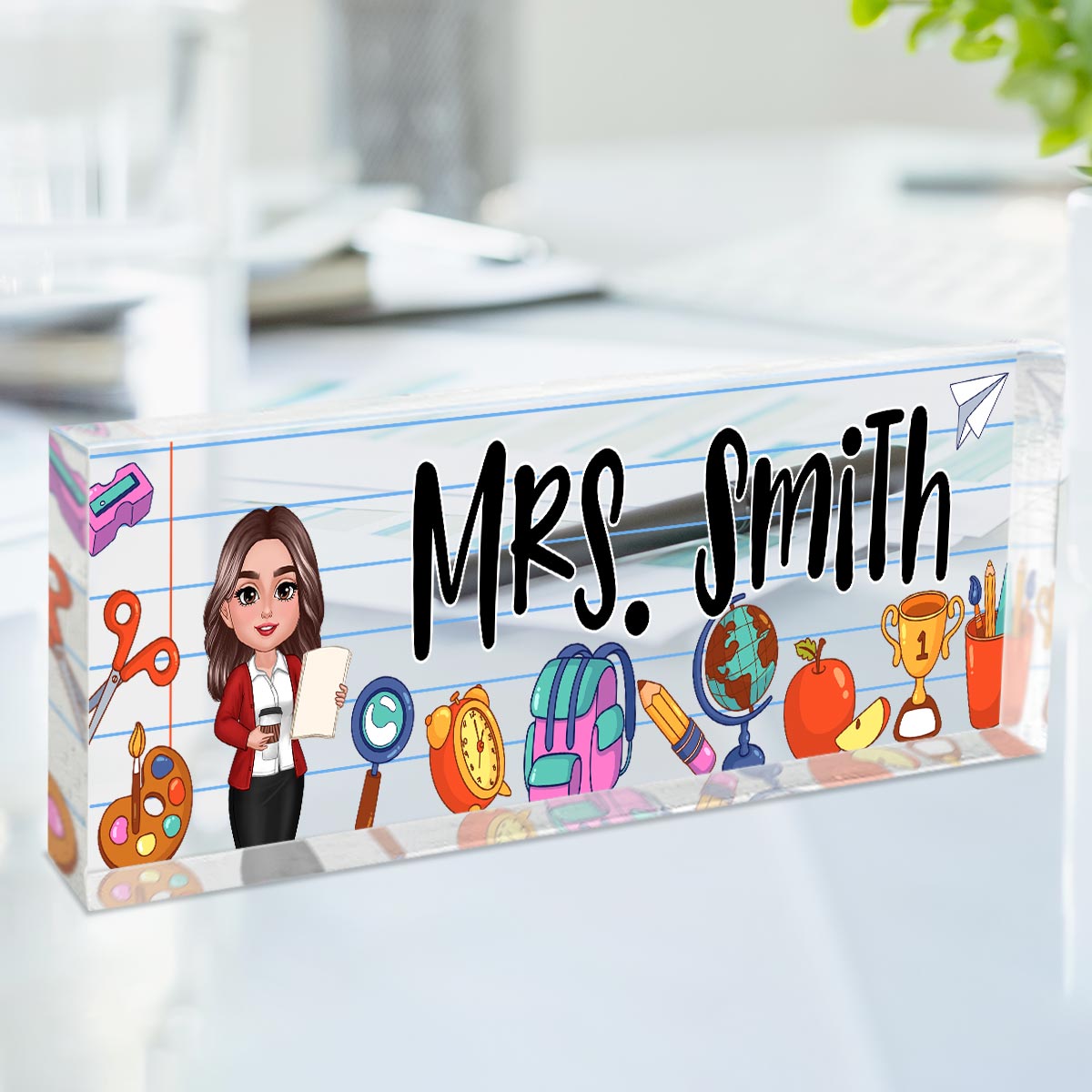 Beautiful Teacher School Things Personalized Acrylic Desk Name Plate, Gift For Teacher, Office Decor