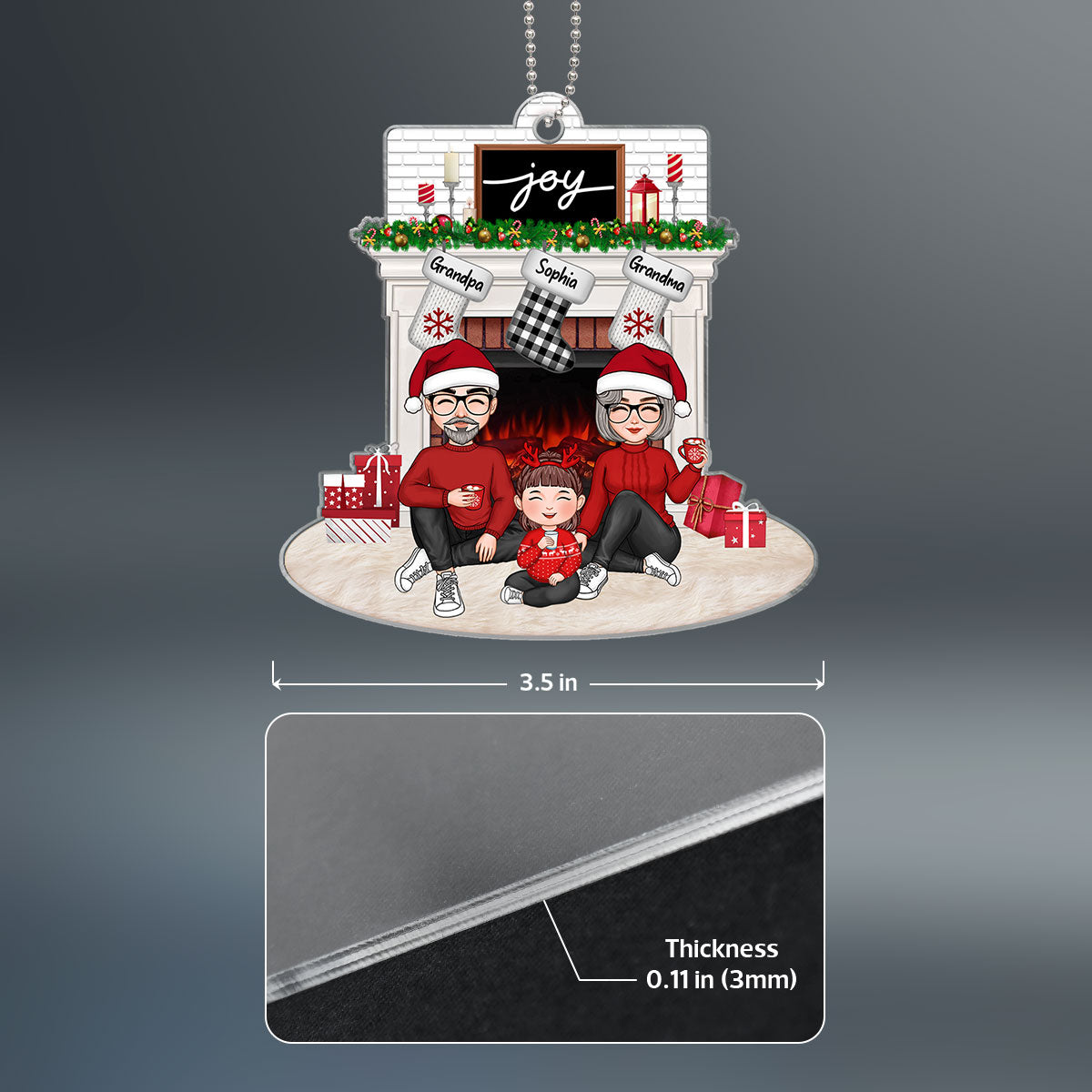 Cute Grandpa Grandma Grandkid Sitting At Christmas Fireplace Personalized Acrylic Ornament
