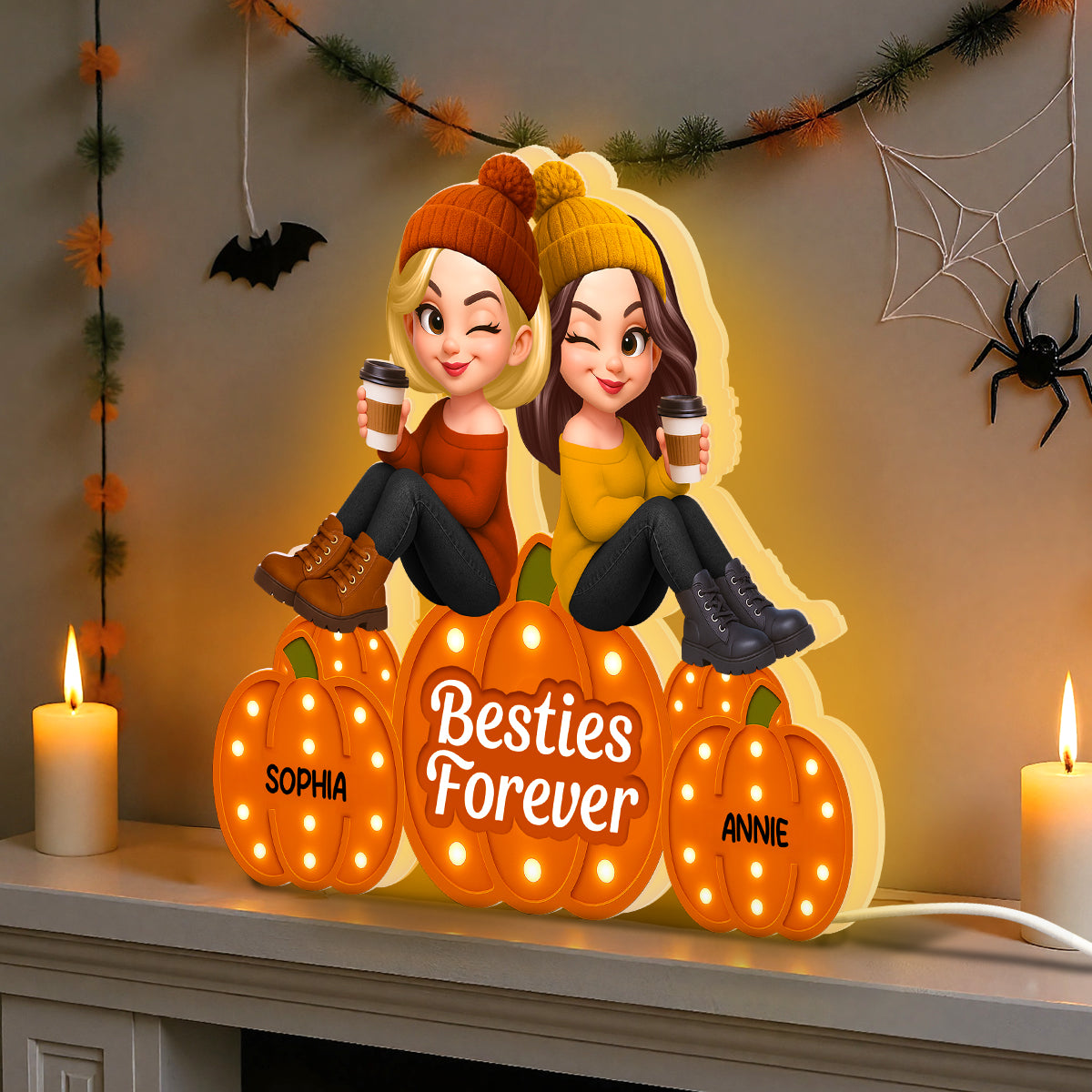 Fall Season Besties Sitting On Marquee Pattern Texture Pumpkins Personalized LED Light Box, Fall Gift For Best Friends