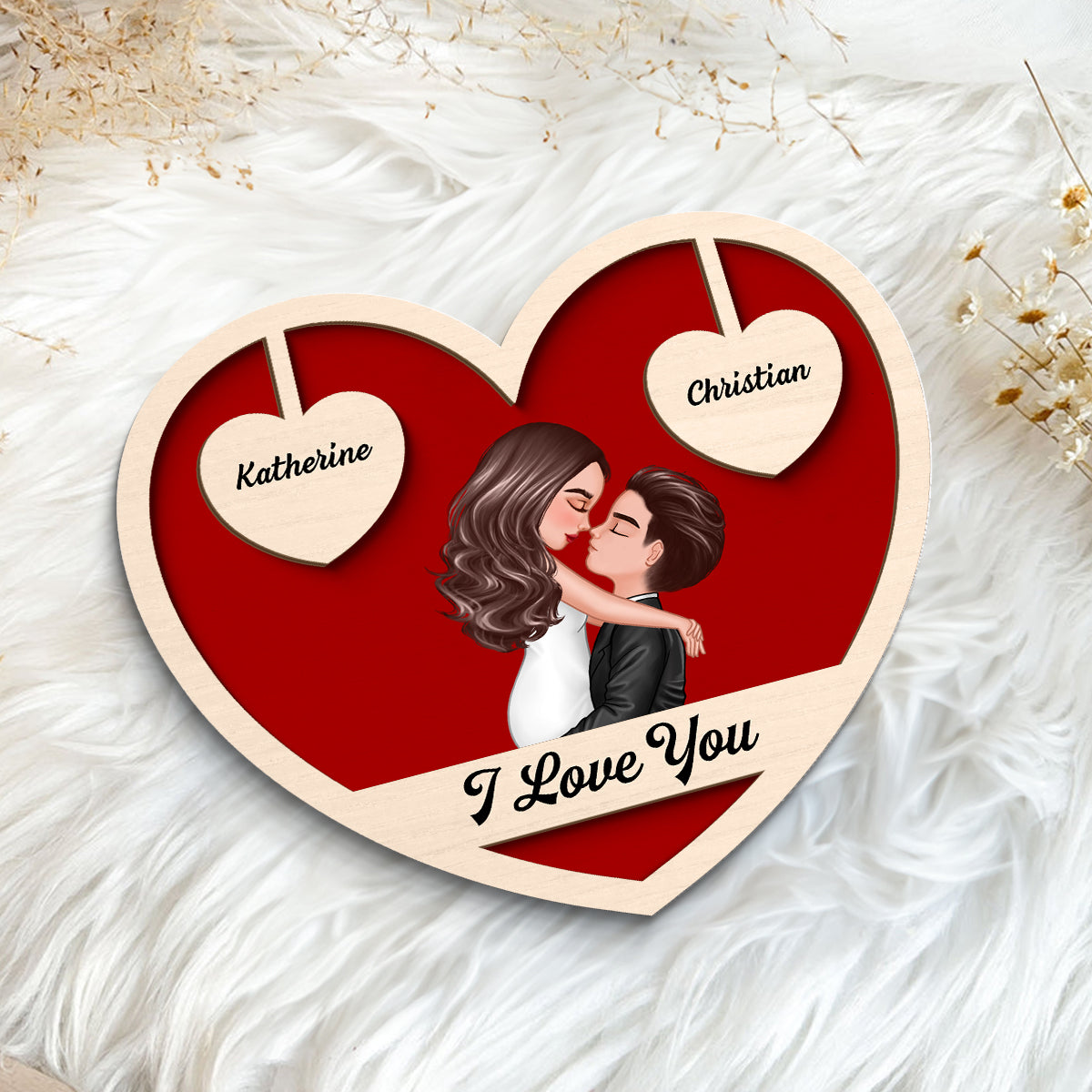 Couple Kissing Two Hearts Custom Message Personalized 2-layer Wooden Plaque