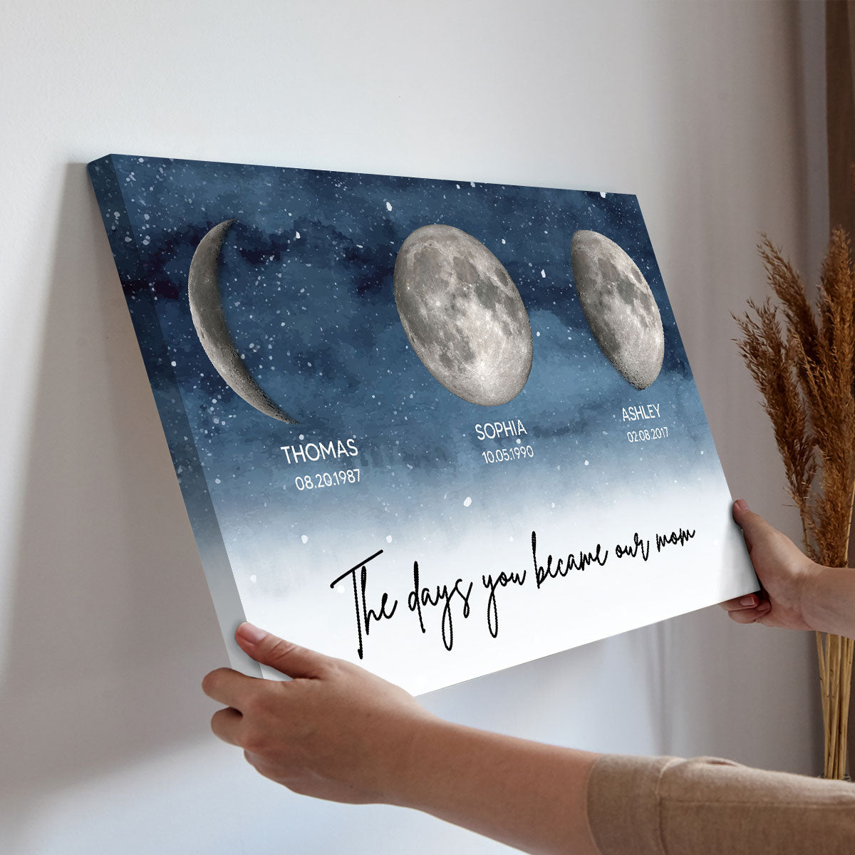 Starry Night Birth Moon Phase The Day You Became Our Mom Personalized Wrapped Canvas, Birthday Gift For Mom, Grandma, Gift or Just Because