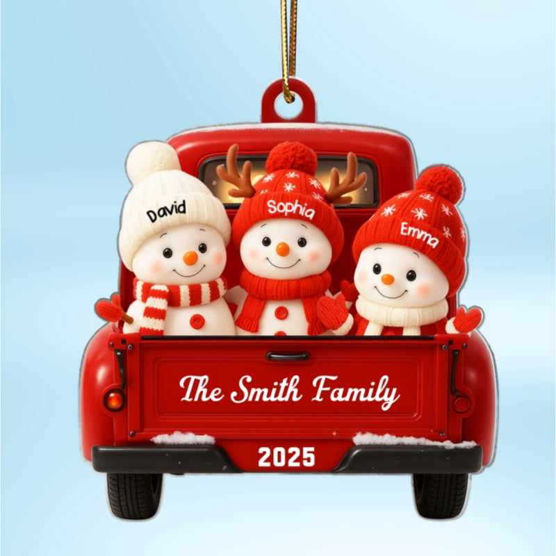 Family Snowman on Christmas Truck Personalized Acrylic Ornament, Red Truck Christmas Gift for Family