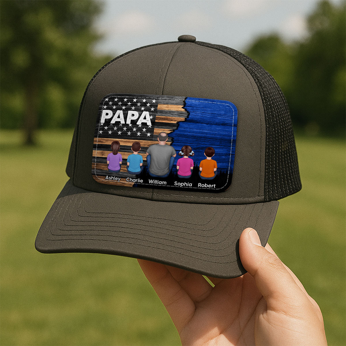 Dad Grandpa Papa Back View Sitting With Kids Half Nation Flag Personalized Leather Patch Hat