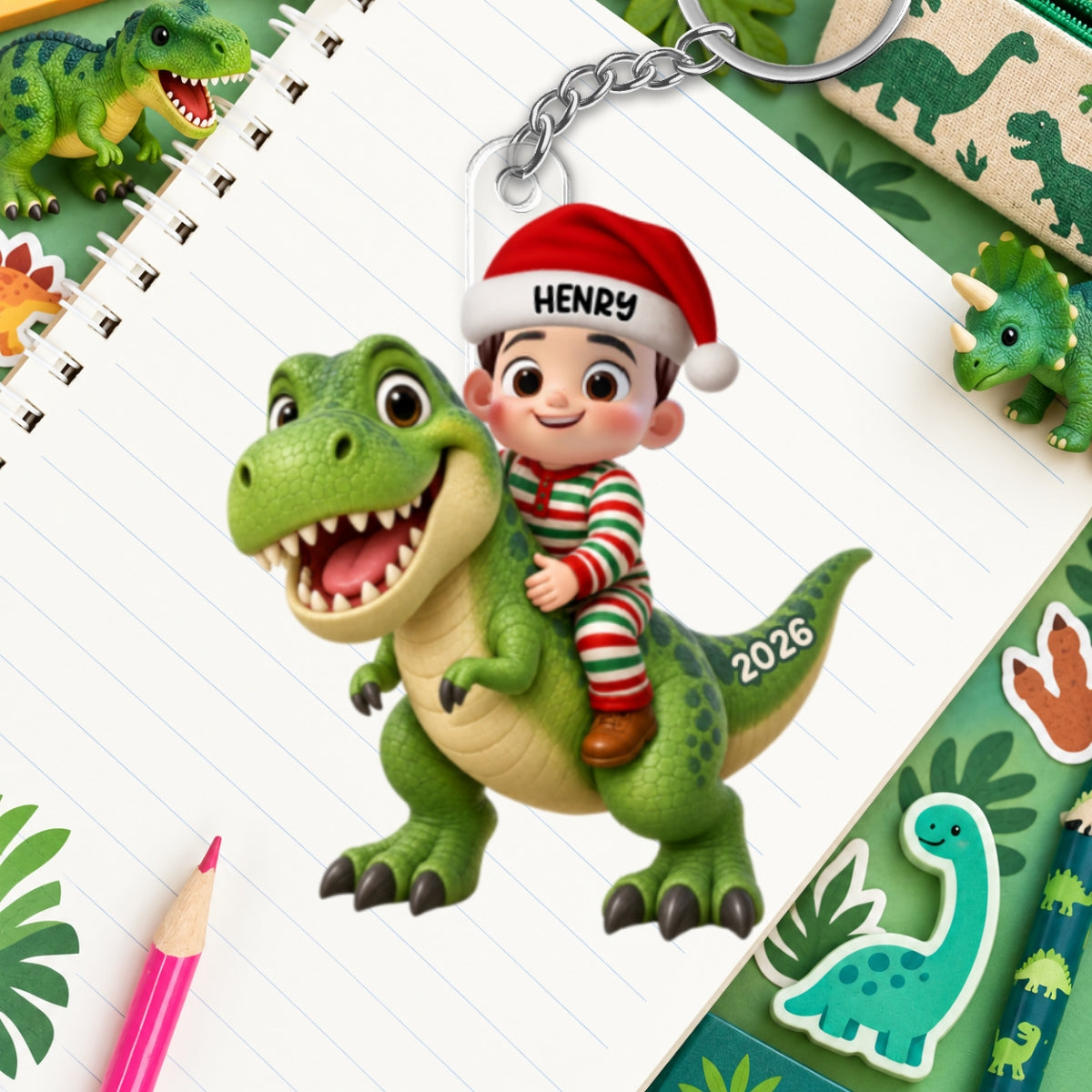 Trending Kid With Dinosaur Design For Boy Girl - Personalized Acrylic Keychain - Christmas Gift For Grandkids