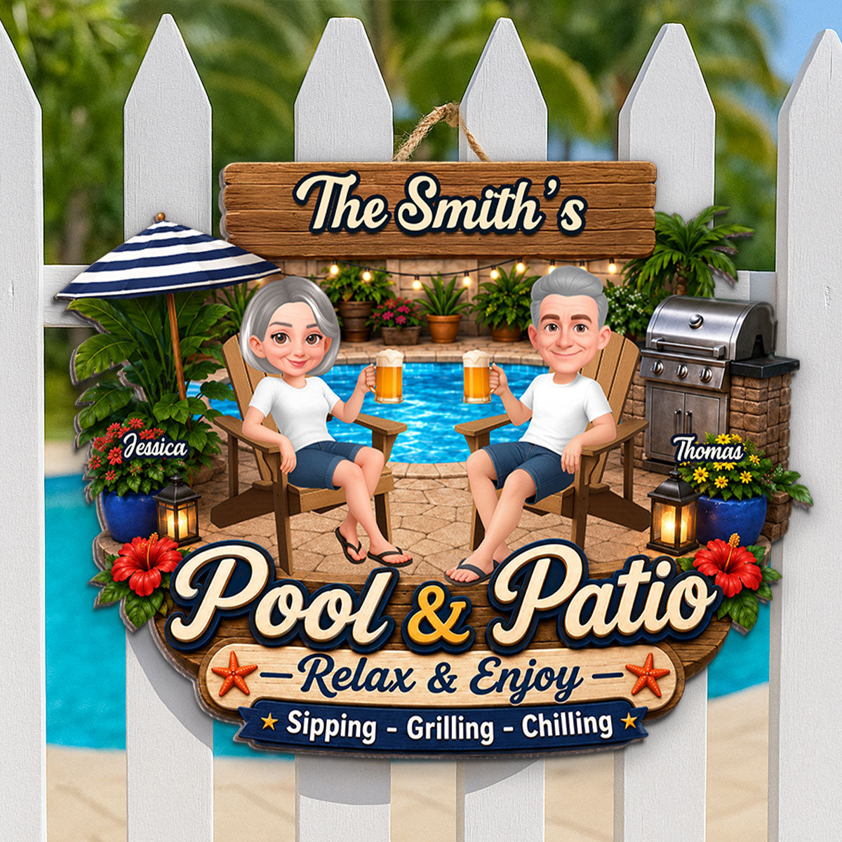 Welcome To Our Pool & Patio - Personalized Wood Sign - Gift For Couple, Summer Outdoor Patio Pool Decoration