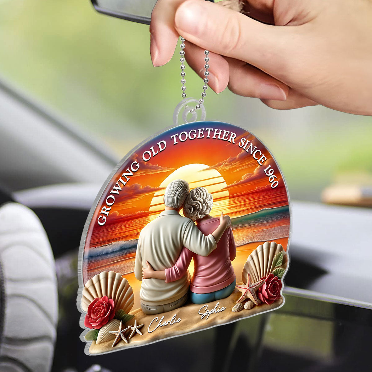 3D Effect Old Couple Sitting Sunset Beach Landscape Personalized Car Hanger Ornament, Heartfelt Gift For Couple, For Him, For Her, Husband, Wife