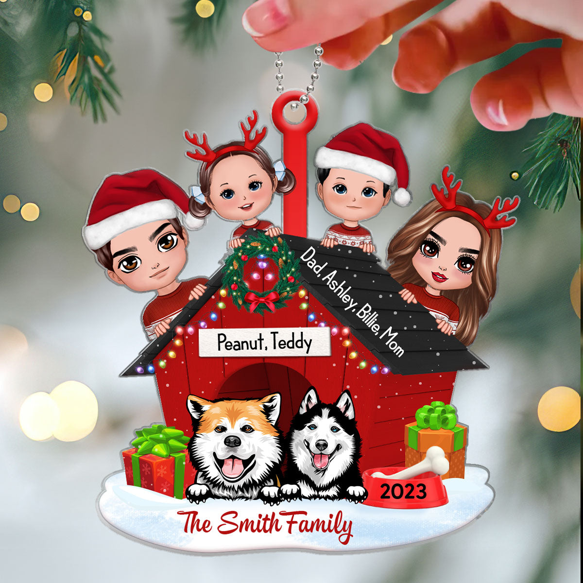 Family And Dogs Christmas Personalized Wooden Ornament