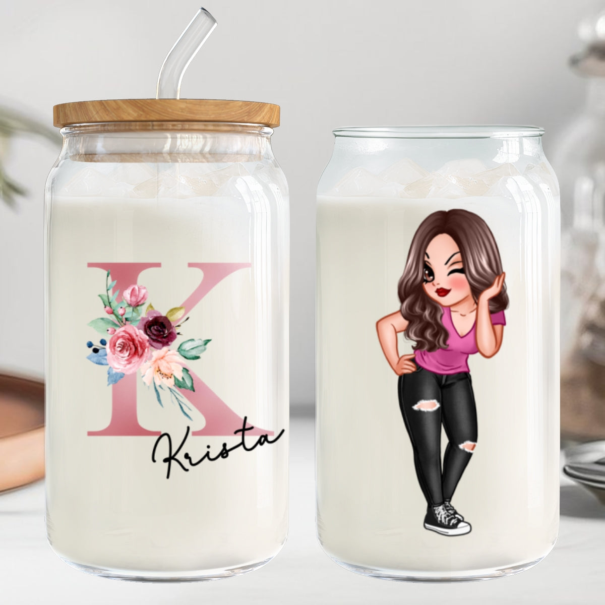 Beautiful Floral Initial Name Mother‘s Day Birthday Gift For Grandma Mom Women Personalized Clear Glass Can