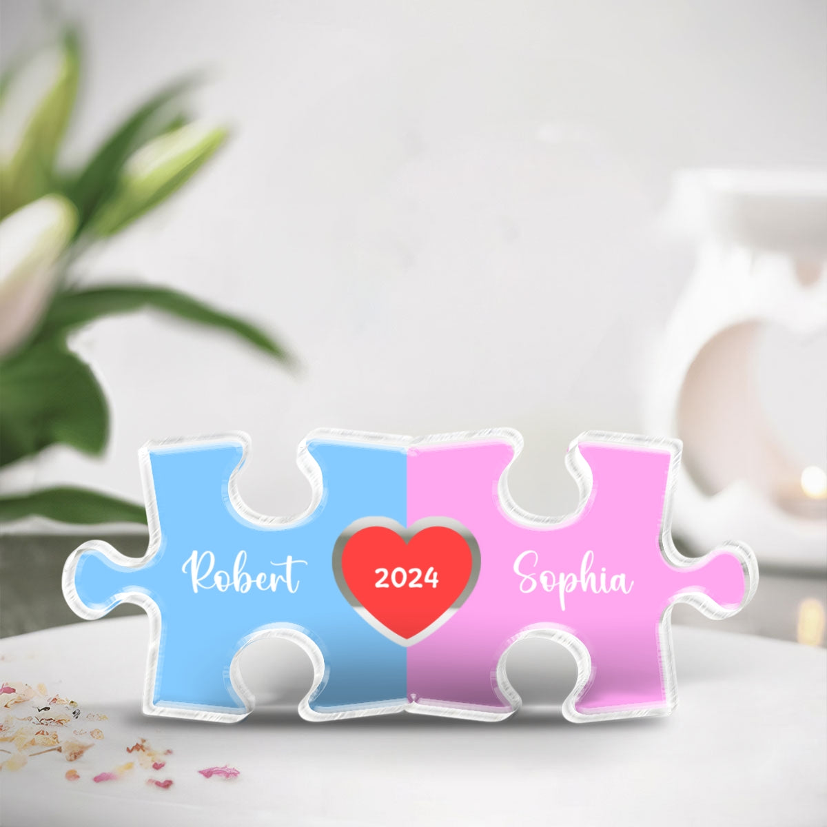 Love Is The Piece That Holds Us Together Acrylic Block Plaque, Personalize Couple Puzzle Name Sign,  Gift For Him, For Her, Wedding Gift