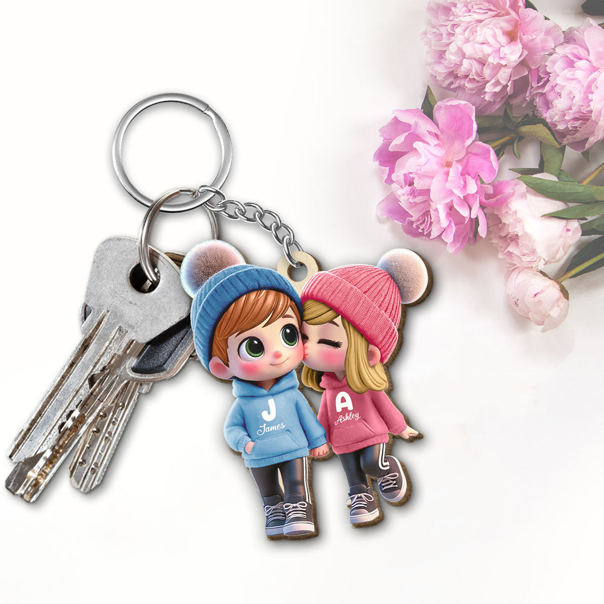 3D Effect Cute Cartoon Couple Walking Personalized Wooden Keychain,  Gift for Him, Gift for Her