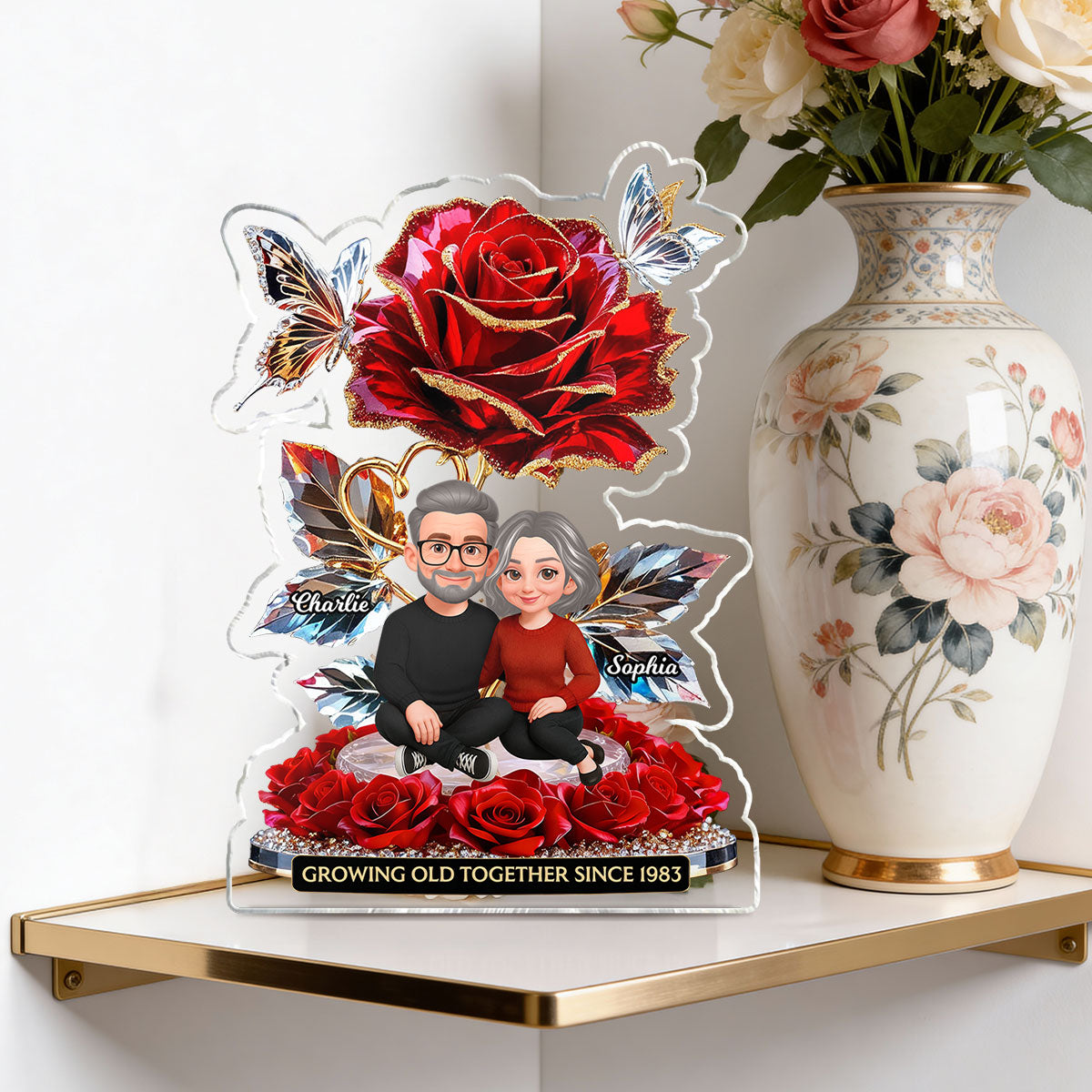 Eternal Love Roses Couple Forever Together - Personalized Acrylic Block Plaque - Gift For Couple, Gift For Him, For Her