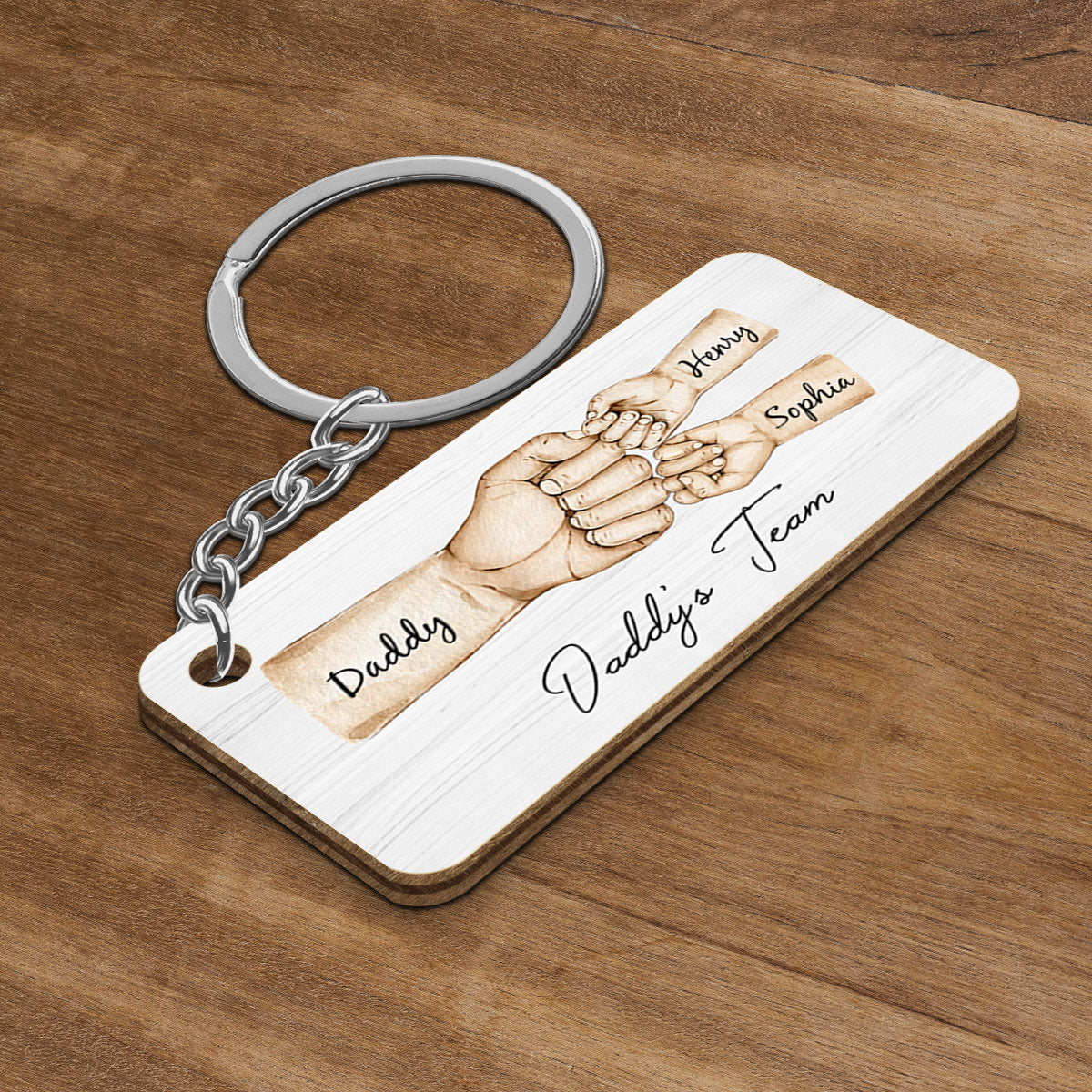 Daddy's Team Fist Bump Personalized Wooden Keychain, Father's Day Gift For Dad, For Grandpa, For Husband
