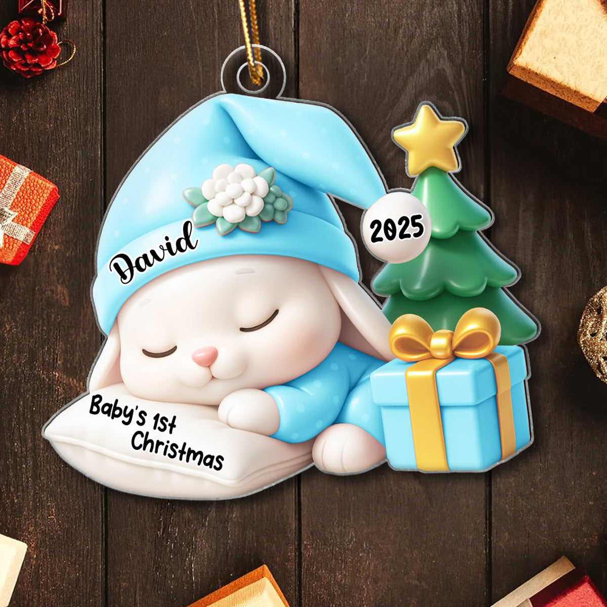 Baby's 1st Christmas Sleeping Bunny in Soft Pajamas Personalized Acrylic Ornament, Christmas Keepsake for New Mom, Dad
