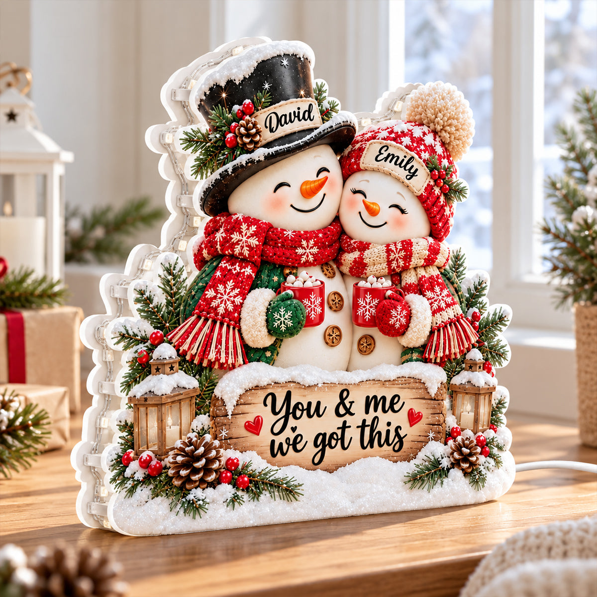 Snowman Couple Hugging - Personalized Light Box - Heartfelt Christmas Gift for Her, Gift for Him