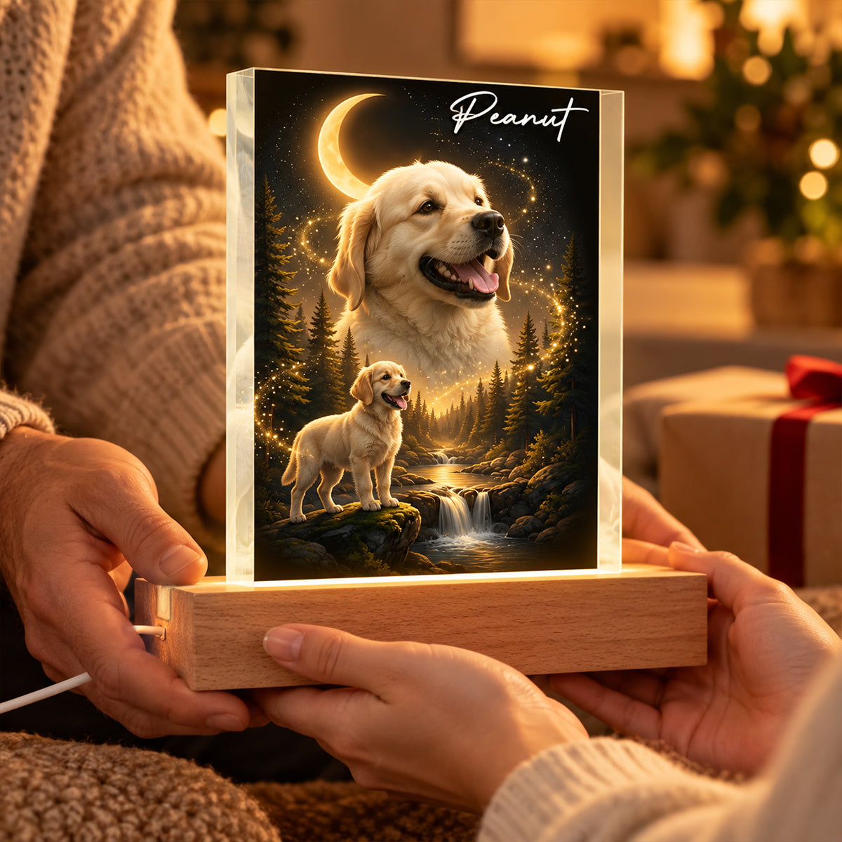 Dog Howling to the Moon - Personalized Acrylic Block LED Night Light - Gift for Dog, Cat Lovers, Pet Memorial Gift, Christmas Gift for Her, for Him