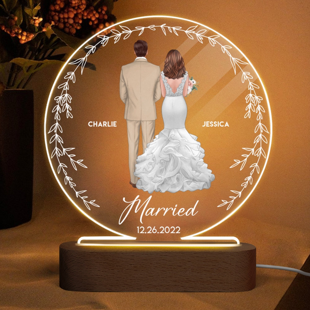 Back View Couple Groom & Bride With Dog Personalized Circle Acrylic Plaque With LED Night Light - New Wedding Gifts - Gifts for Couples - Engagement Gifts