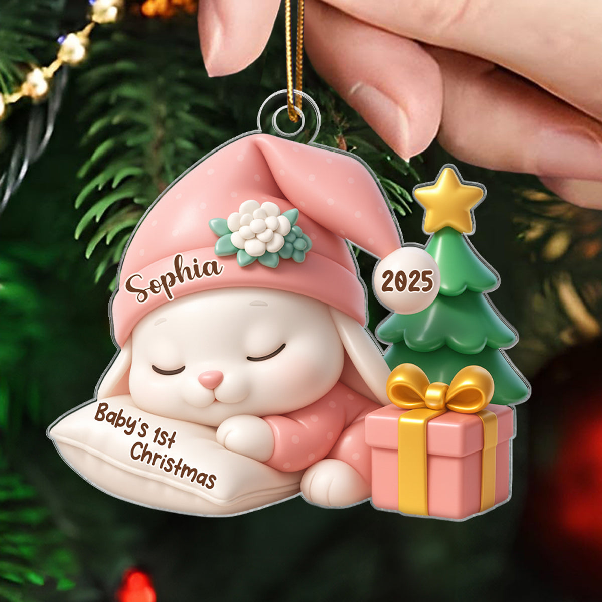 Baby's 1st Christmas Sleeping Bunny in Soft Pajamas Personalized Acrylic Ornament, Christmas Keepsake for New Mom, Dad