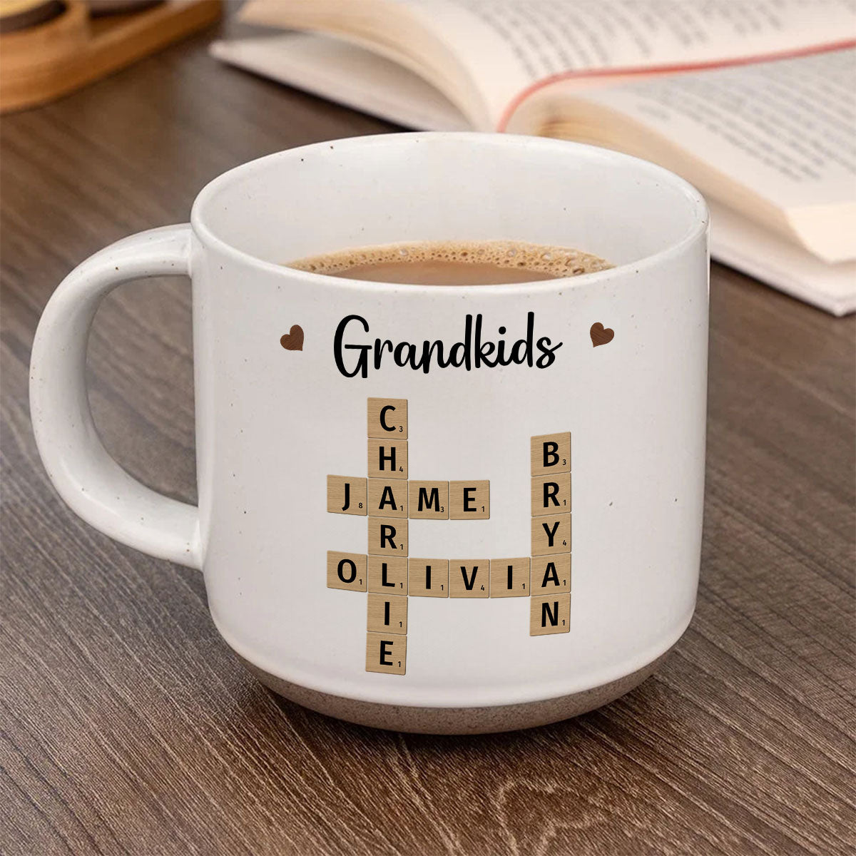 Grandkids Crossword Puzzle Art Personalized Pottery Mug, Christmas Gift For Grandma, Gift For Mom