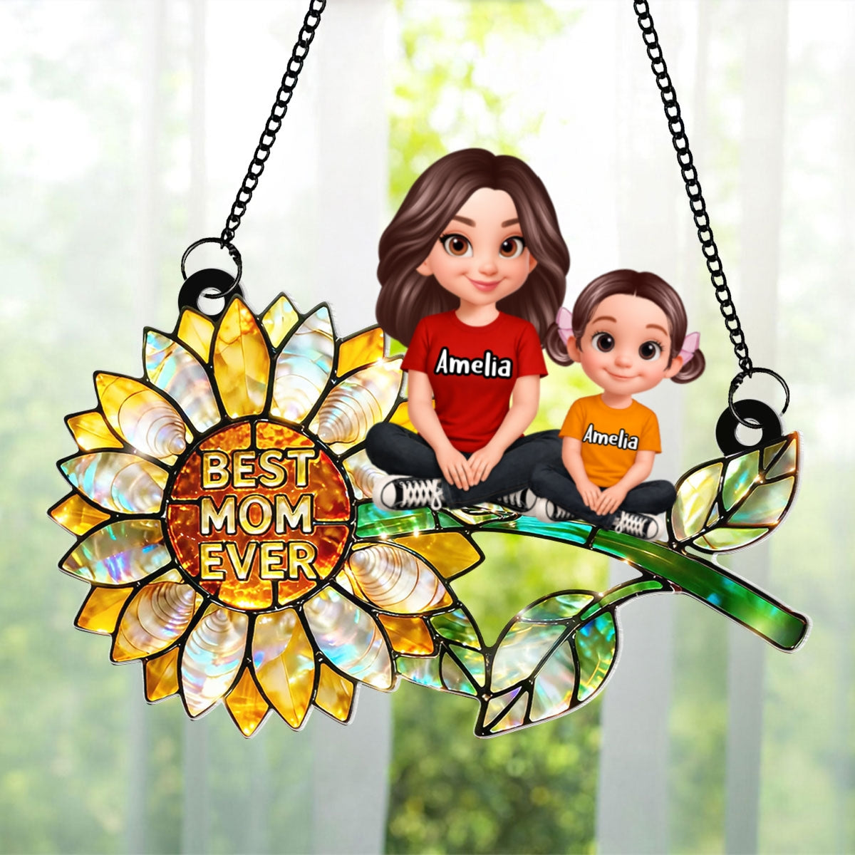 Sunflower Mom and Kids Sitting - Personalized Window Hanging Suncatcher - Mother's Day Gift for Mom, Wife
