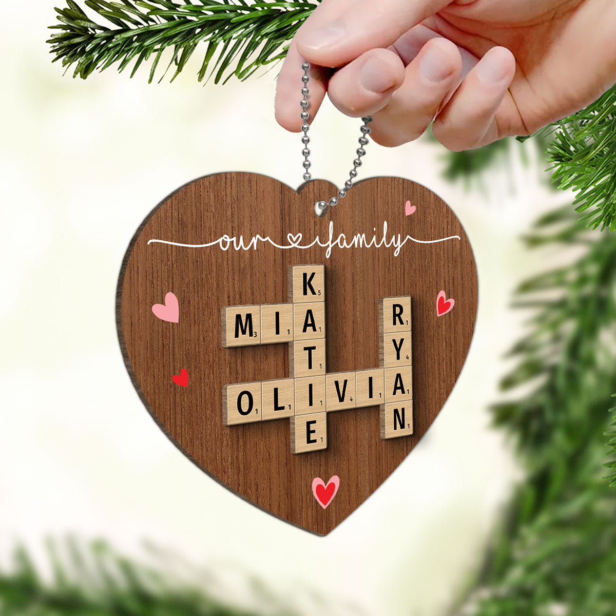 Family Crossword Puzzle Art Personalized Heart Shaped 2-Layer Wooden Ornament
