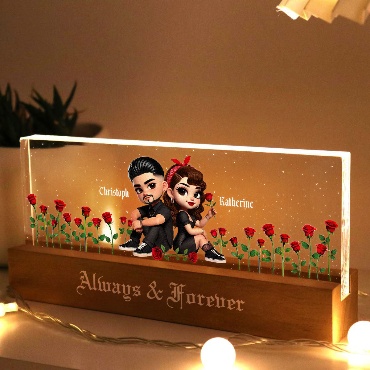Pretty Couple Roses Heart Together Since Personalized Acrylic Block LED Night Light,  Gift, Anniversary Gift for Couples