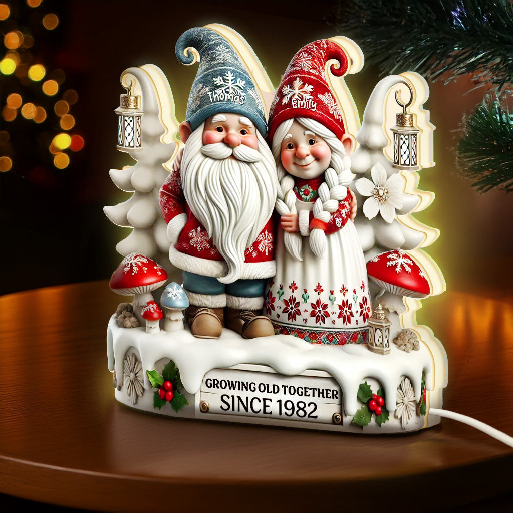 3D Effect Christmas Gnome Couple Growing Old Together - Personalized Light Box - Heartwarming Gift For Couple