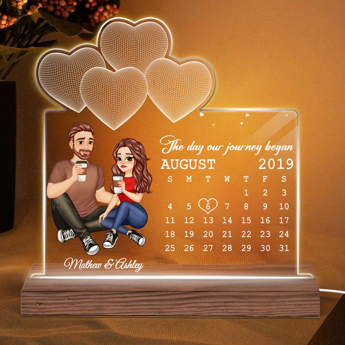 Cartoon Couple Sitting Under 3D Heart Calendar Anniversary Gift For Him Gift For Her Personalized Custom Shaped Acrylic Plaque LED Night Light