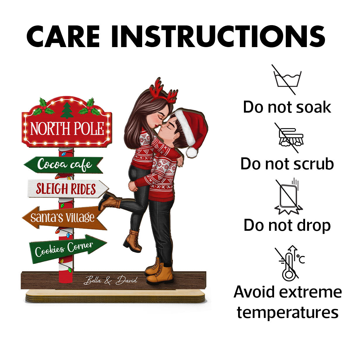 Couple Hugging North Pole Sign Christmas Decor Personalized 2-Layer Standing Wooden Plaque