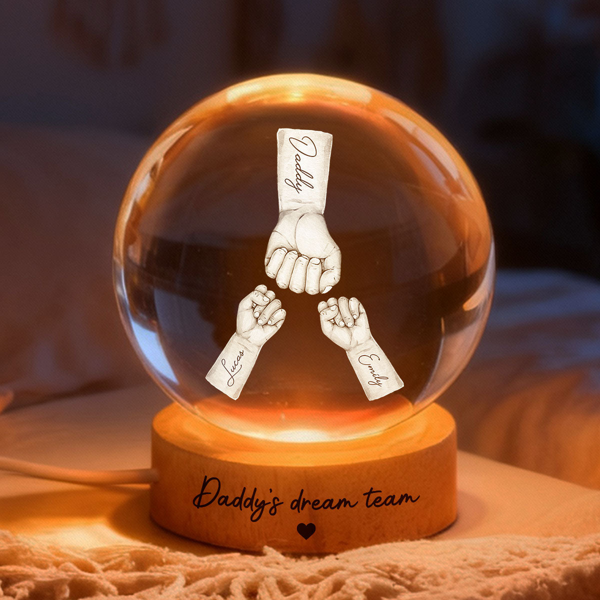 Daddy's Dream Team - Personalized Crystal Ball LED Night Light - Father's Day Gift for Dad, Husband