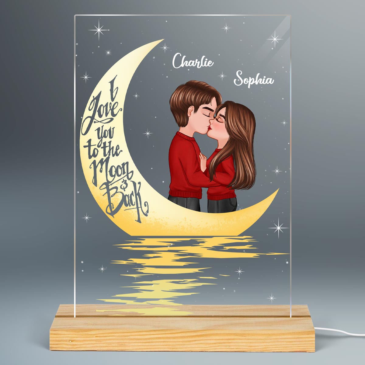 Couple Kissing In The Moonlight Personalized Plaque LED Night Light, Acrylic LED Lamp - Valentine‘s Day Gift For Him, For Her