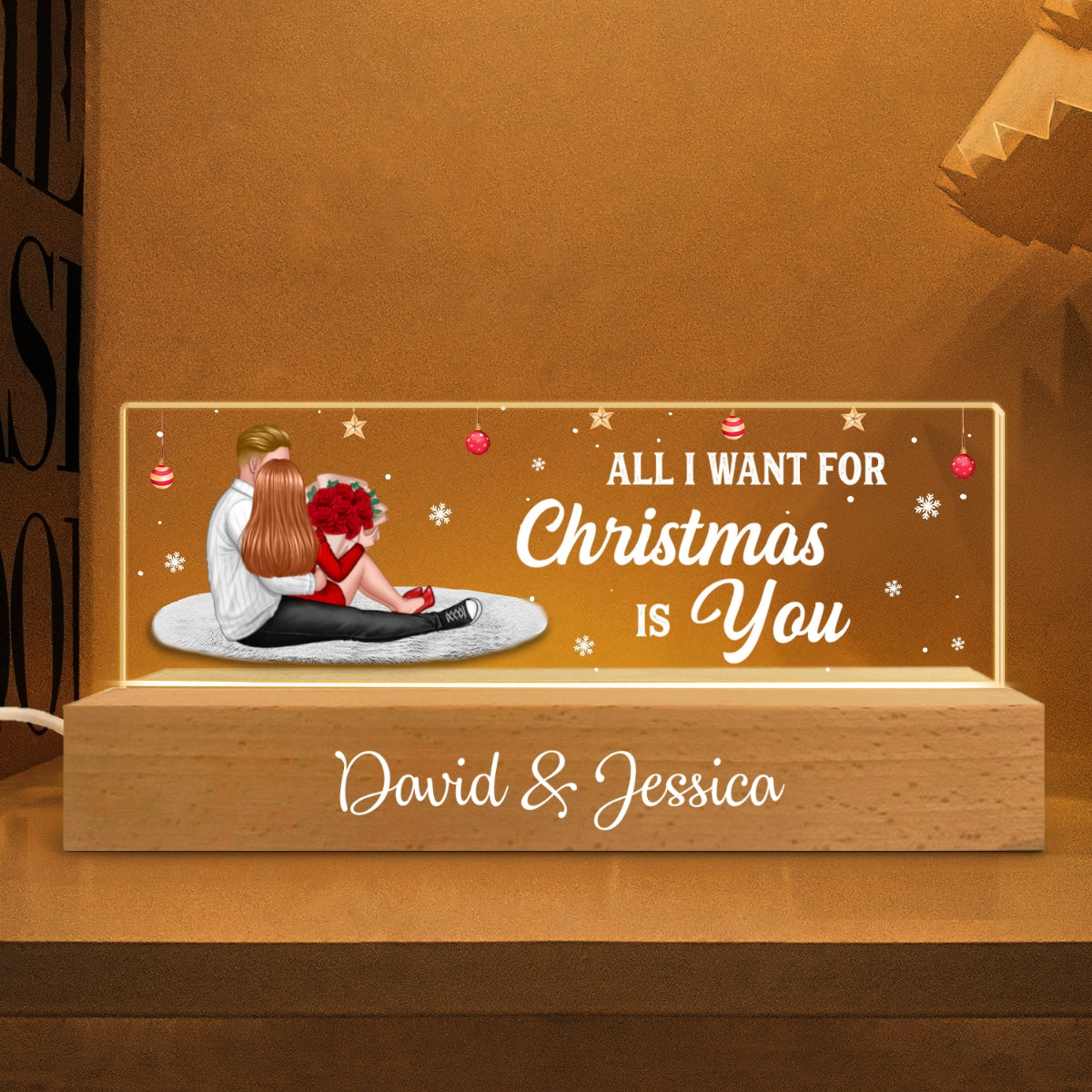 All I Want For Christmas Is You Personalized Acrylic Block LED Night Light, Christmas Gift for Couples