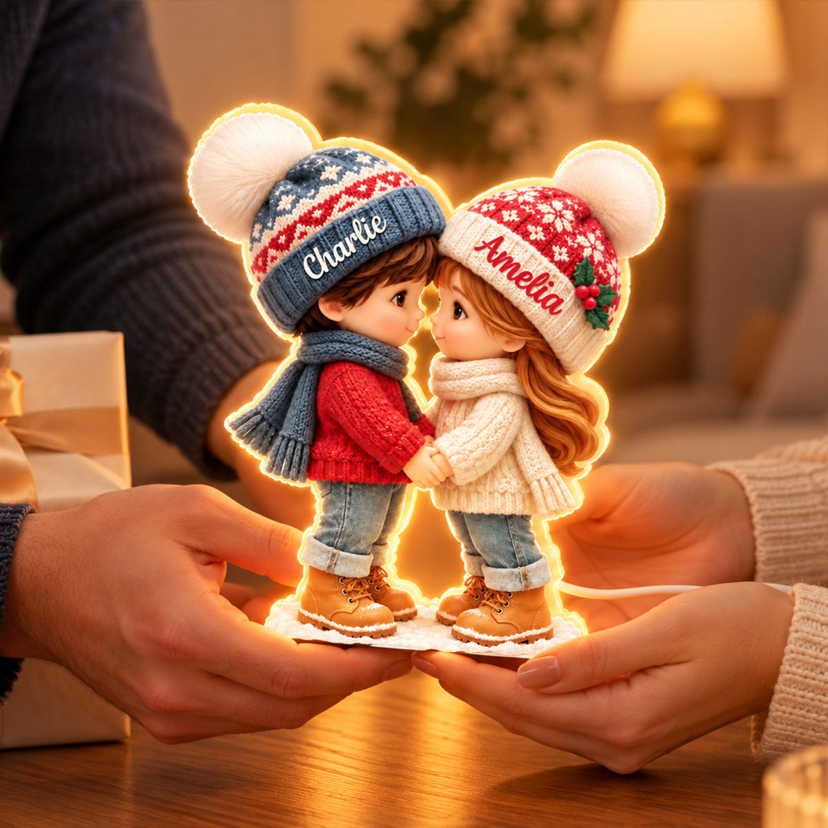 Cute Cartoon Couple Holding Hands - Personalized Light Box - Anniversary Christmas Gift for Her, for Him