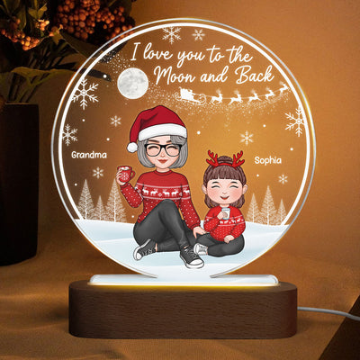 Cute Grandma & Grandkid Sitting On Snow Love You To The Moon And Back Gift For Granddaughter Grandson Christmas Personalized Acrylic Plaque Circle LED Night Light