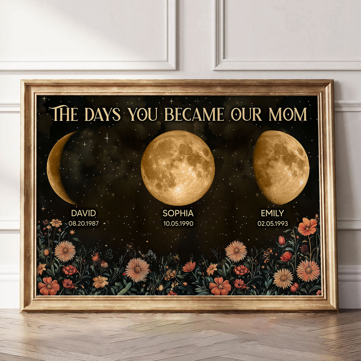 Vintage Flowers The Day You Become Mom Birth Moon Phase Personalized Poster, A Heartfelt Gift for Mom’s Birthday, Mother’s Day, or Just Because