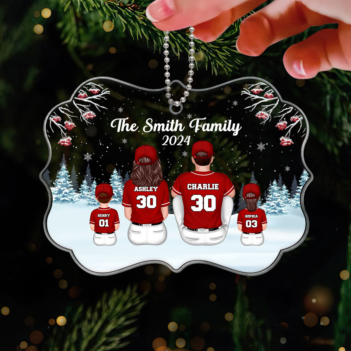Baseball Family Sitting In Snow Personalized Acrylic Ornament, Christmas Gift