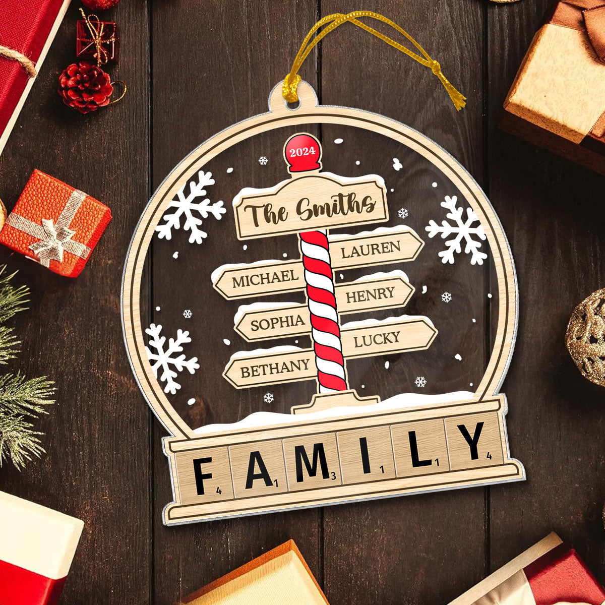 Family North Pole Sign In Snow Globe Personalized Acrylic Ornament, Christmas Gift