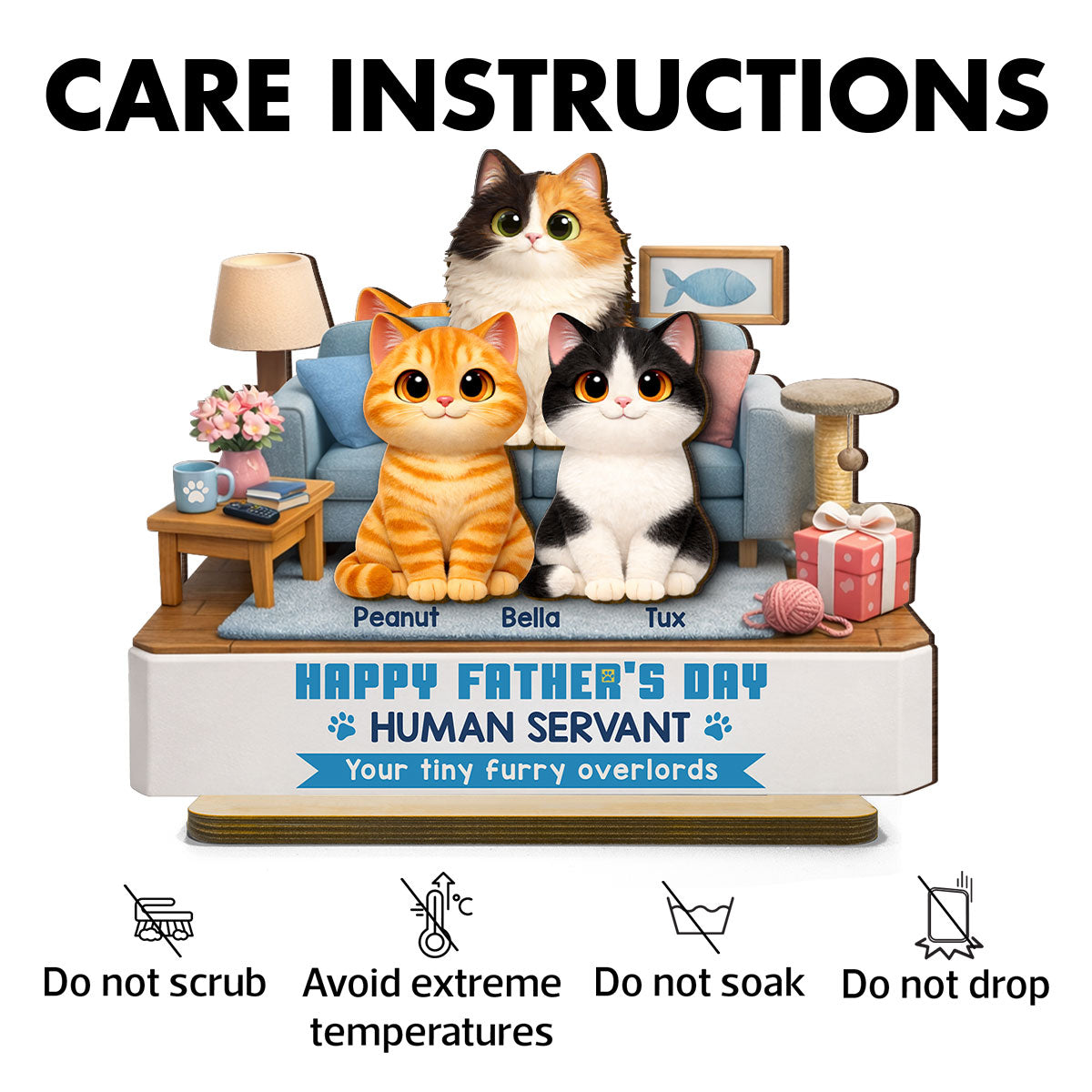 Cat Dad Cute Fluffy Cats Happy Father's Day Human Servant - Personalized 2-Layered Wooden Plaque - Funny Father's Day Gift For Cat Dad, Cat Lovers