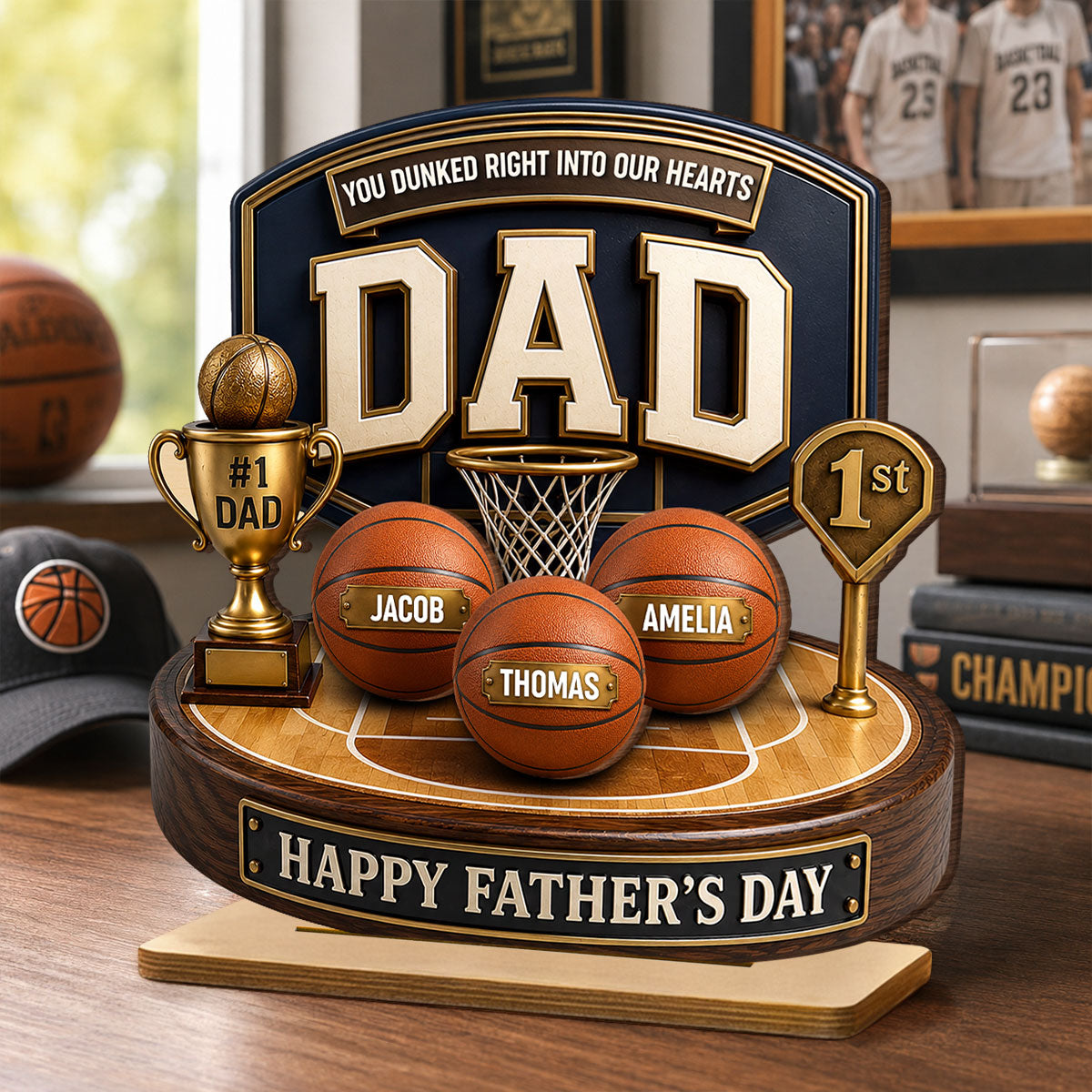 Basketball Trophy You Dunked Right Into Our Hearts - Personalized 2-Layered Wooden Plaque - Father's Day Gift For Dad, Husband