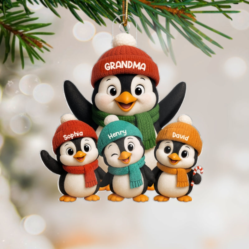 3D Effect Cute Christmas Penguins Grandma Grandkids - Personalized Acrylic Ornament