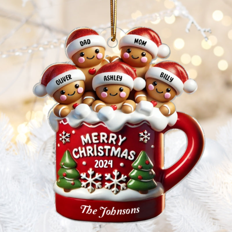 Gingerbread Family In Hot Cocoa Christmas Decor - Personalized Acrylic Ornament