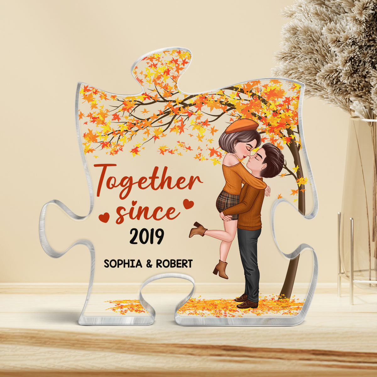 Couple Hugging Kissing Missing Piece Fall Season Autumn Personalized Acrylic Puzzle Plaque