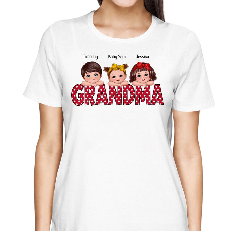 Polka Dot Grandma Cute Grandkids Laying Head On Arms Personalized Shirt