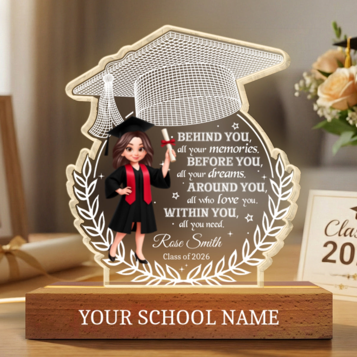 Class Of Graduation Year Senior Behind You All Your Memories - Personalized Acrylic Block Plaque LED Night Light - Gift For Graduation Day, Graduation Gift, Keepsake