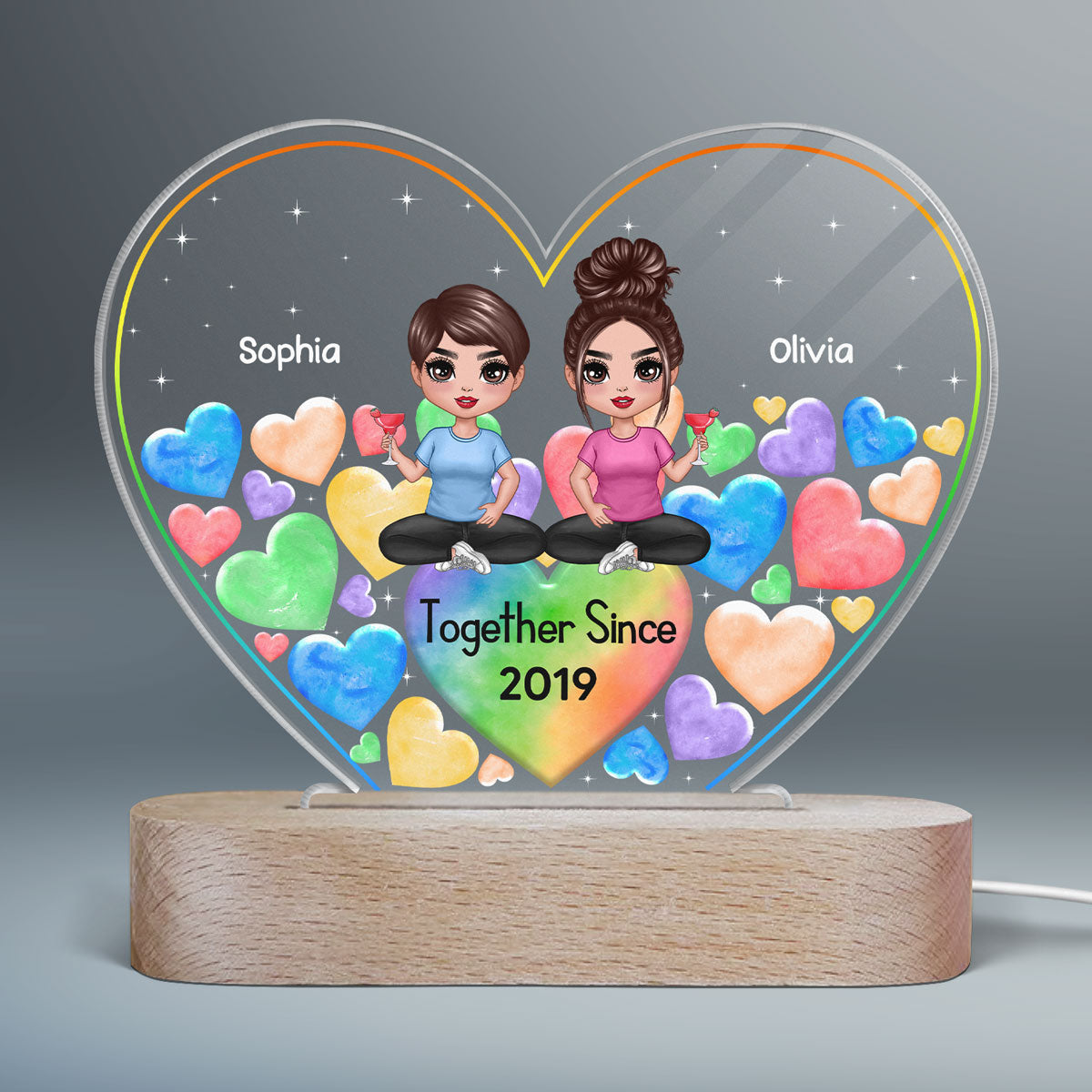 LGBT Doll Couple Hearts In Heart Personalized Heart Acrylic Plaque With LED Night Light