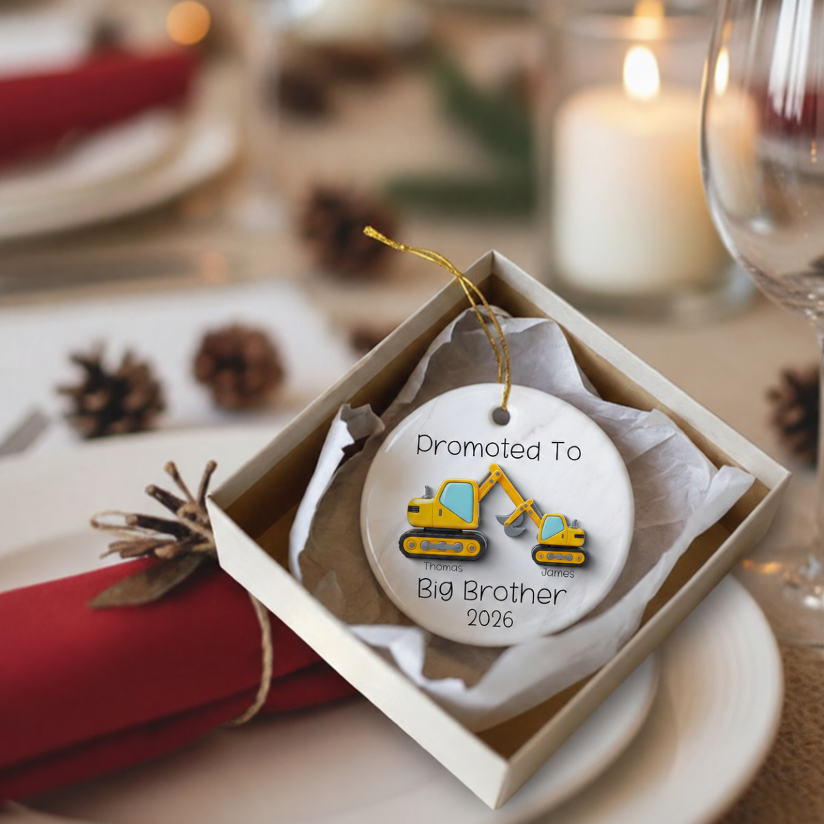 Promoted To Big Brother Big Sister 3D Effect Excavator - Personalized Ceramic Ornament - Proud New Big Siblings Gift