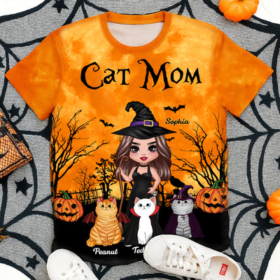 Witch Cat Mom Halloween Moon Light Bat Tree Personalized Shirt, Purrfect Costume for Cat Lover