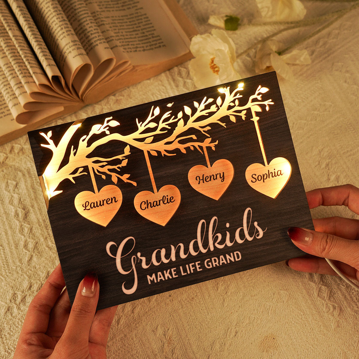 Grandkids Make Life Grandma Engraved Tree With Hearts Personalized 2-Layer Wooden Plaque With LED